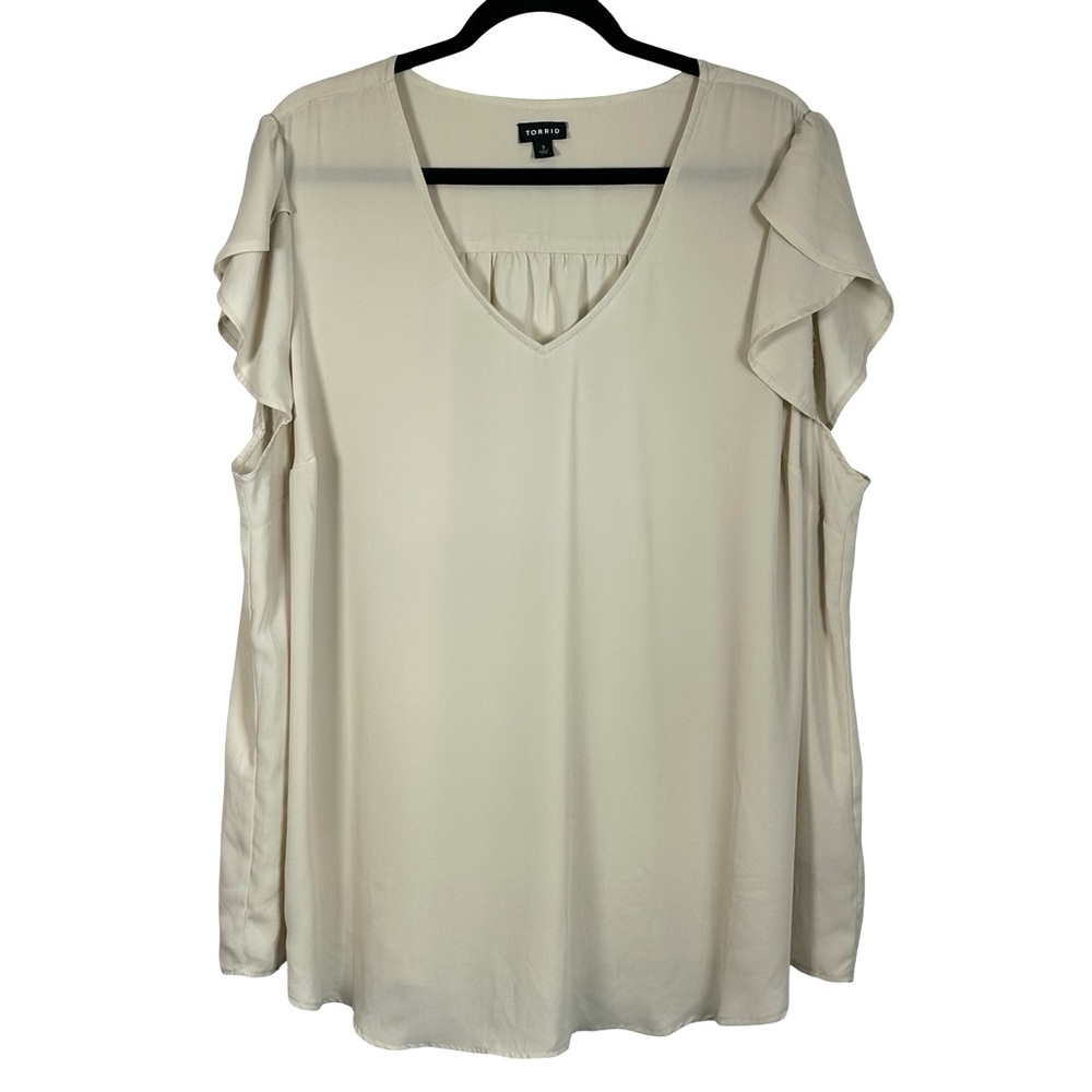 Torrid Short Sleeve Georgette Tulip Sleeve Oyster Gray Beige Greige Blouse 3X